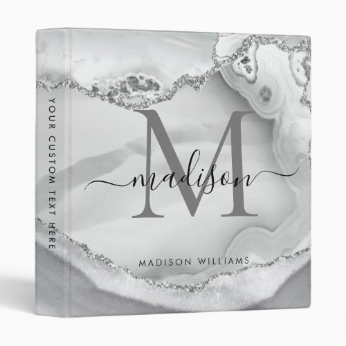 Monogram White Silver Agate Geode Marble School 3 Ring Binder