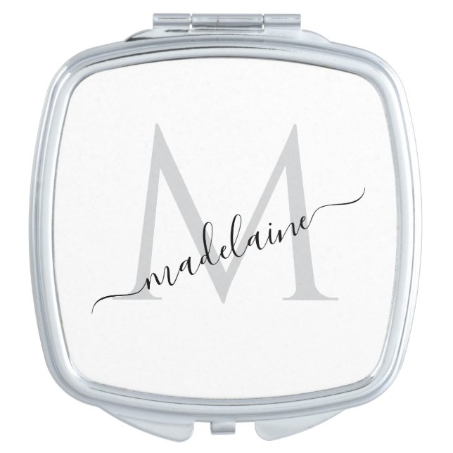 Monogram White Silver  Modern Elegant  Compact Mirror (Front)