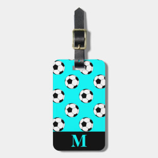 Monogram White Soccer Football Balls, Aqua Blue Luggage Tag