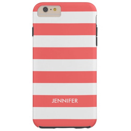 Monogram White Stripes Coral_Red Background Tough iPhone 6 Plus Case