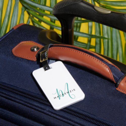 Monogram White Teal Modern Minimalist Initial Name Luggage Tag