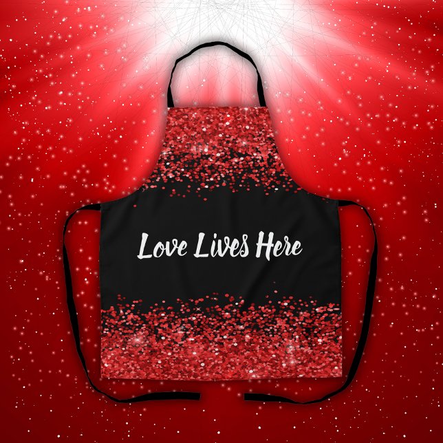 Monogram - White text on black with red glitter | Apron (Creator Uploaded)