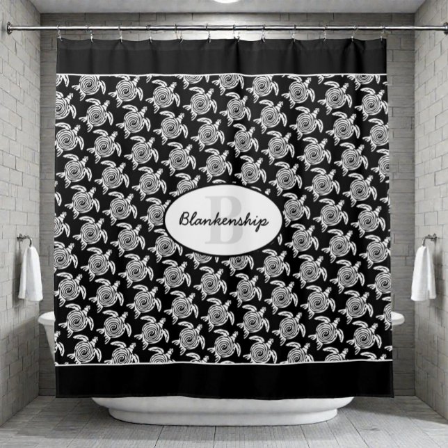 Monogram White Tribal Turtle Pattern Over Black Shower Curtain (Turtle pattern with monogram and name black and white shower curtain in bathroom )