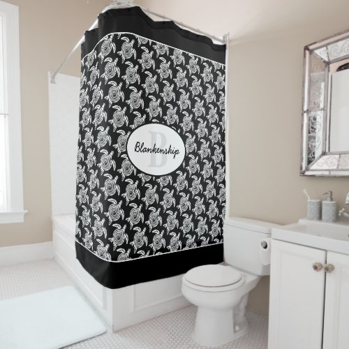 Monogram White Tribal Turtle Pattern Over Black Shower Curtain