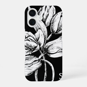 Monogram White Tulips on Black iPhone 16 Case