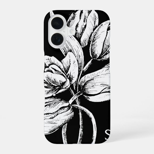 Monogram White Tulips on Black Iphone Case (Back)