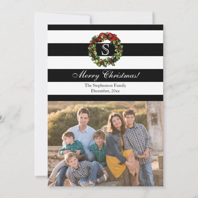 Monogram Wide Stripe Christmas Photo Holiday Card (Front)