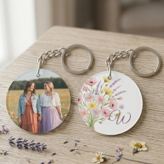Monogram Wildflower Bouquet Photo Keychain (A beautiful round photo keychain displaying photo on one side and a wildflowers and initial on other)