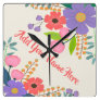 Monogram Wildflower Garden Colorful Spring Blooms Square Wall Clock