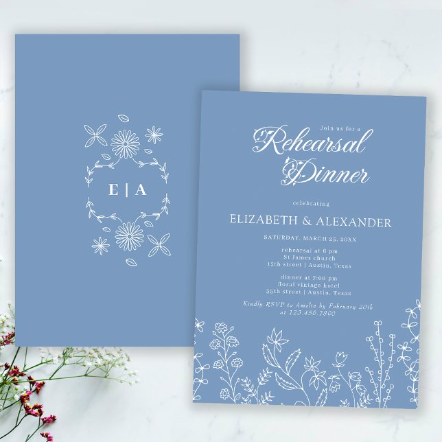 Monogram Wildflower Periwinkle Rehearsal Dinner Invitation (Front and Back)