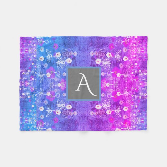 Monogram Wildflower Purple Blue Fleece Blanket (Front (Horizontal))
