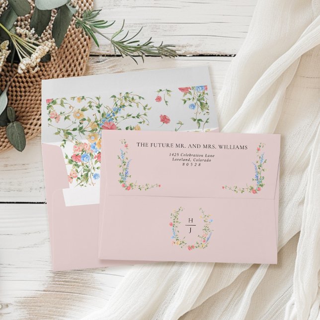 Monogram Wildflower Wedding Return Address Envelope (Creator Uploaded)