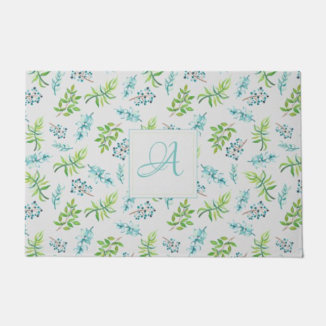 Monogram Wildflowers Blue Green Wedding Decor Doormat (Front)