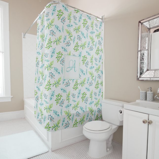 Monogram Wildflowers Blue Green Wedding Decor Shower Curtain (In Situ)