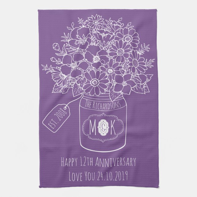 Monogram Wildflowers Bouquet Hand-Drawn Mason Jar Towel (Vertical)