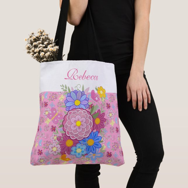 Monogram Wildflowers butterfly floral design pink Tote Bag (Close Up)