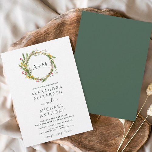 Monogram Wildflowers Emerald Green Wedding Invitat Invitation