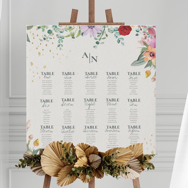 Monogram Wildflowers Floral Wedding Seating Chart  Faux Canvas Print (Monogram Wildflowers Floral Wedding Seating Chart Faux Canvas Print)