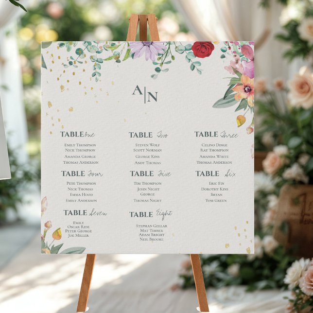 Monogram Wildflowers Floral Wedding Seating Chart  Faux Canvas Print (Monogram Wildflowers Floral Wedding Seating Chart Faux Canvas Print)