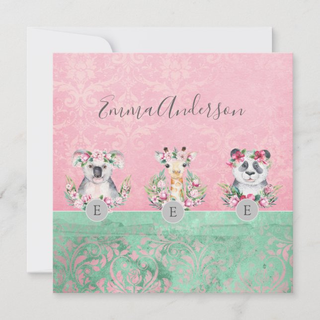 Monogram Wildlife Girls Boho Jungle Animals Pretty Invitation (Front)