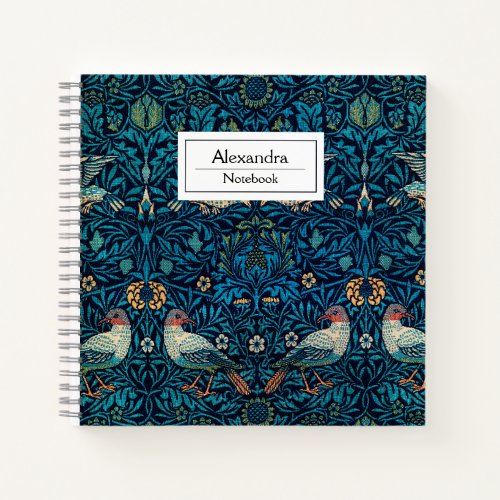 Monogram William Morris art pattern l Birds Navy Notebook