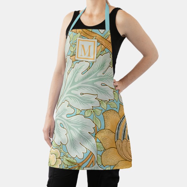 Monogram William Morris Turquoise Gold Botanical Apron (Insitu)