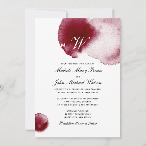 Monogram Wine Red Spill Burgundy Wedding Invite
