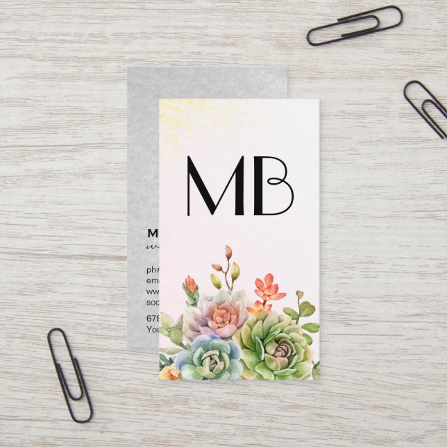 Monogram Wine | Succulent Flowers Business Card (Front/Back In Situ)