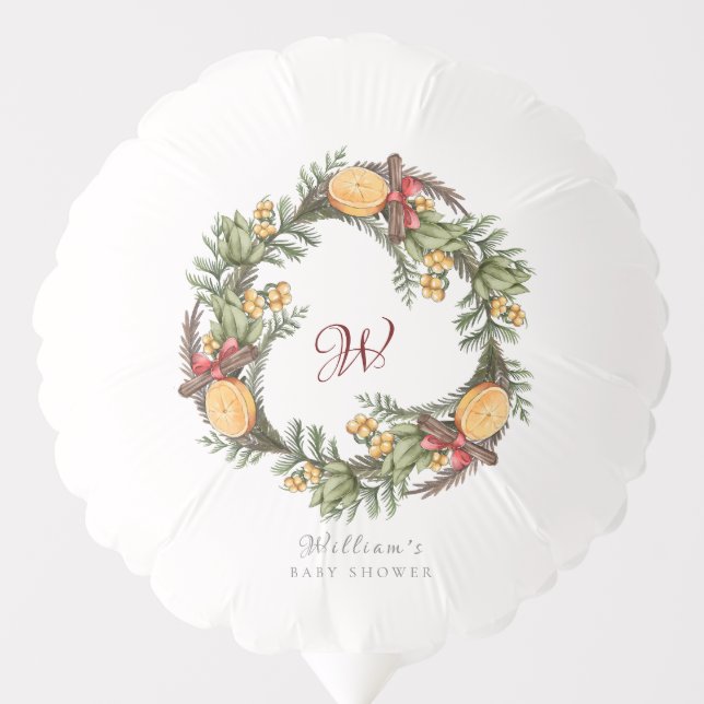 Monogram Winter Christmas Wreath Baby Shower Balloon (Front)