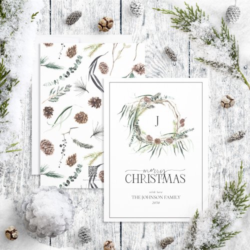 Monogram Winter Dusty Blue Wreath Merry Christmas  Holiday Card