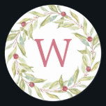 Monogram Winter Greenery Leaves Berries Christmas Classic Round Sticker<br><div class="desc">Monogrammed winter greenery leaves berries wreath Christmas sticker. Simply customize the Christmas sticker with your monogram initial. Red and green Christmas theme. If you need any help please contact us through our store.</div>