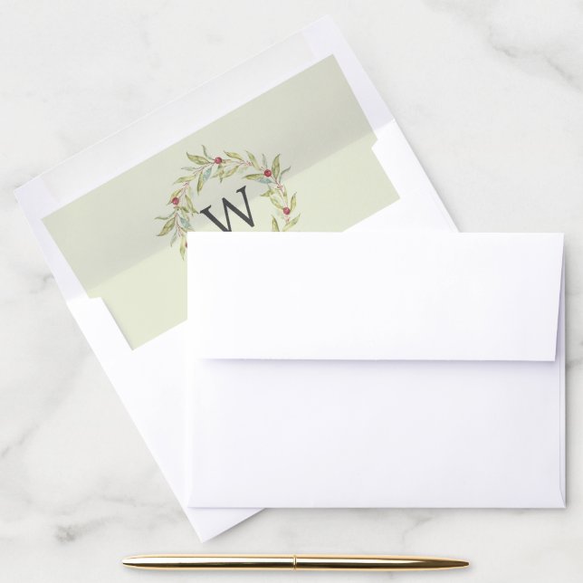 Monogram Winter Greenery Leaves Berries Christmas Envelope Liner (Desk)