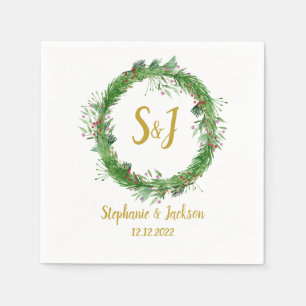 Monogram Winter Greenery Wreath Wedding Napkins
