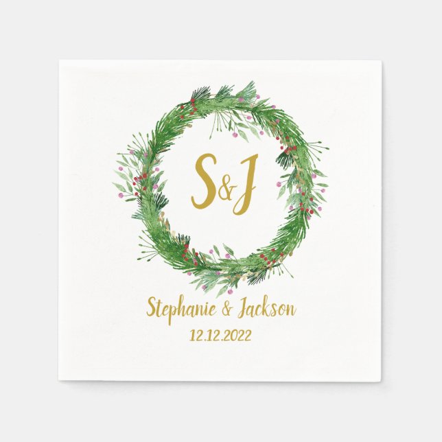 Monogram | Winter Greenery Wreath  Wedding Napkins (Front)