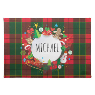 Monogram Winter Holiday Christmas Scottish Pattern Cloth Placemat