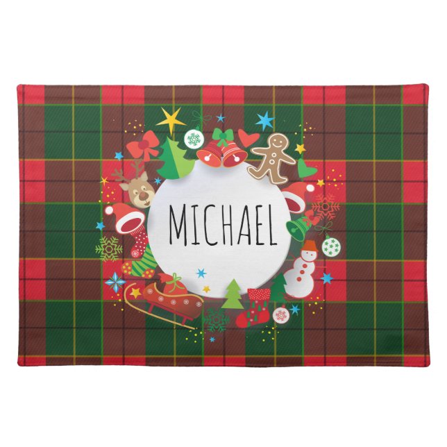 Monogram Winter Holiday Christmas Scottish Pattern Cloth Placemat (Front)