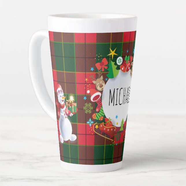 Monogram Winter Holiday Christmas Scottish Pattern Latte Mug (Left Angle)
