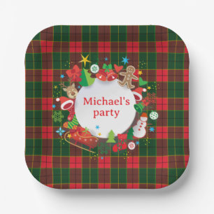 Monogram Winter Holiday Christmas Scottish Pattern Paper Plates