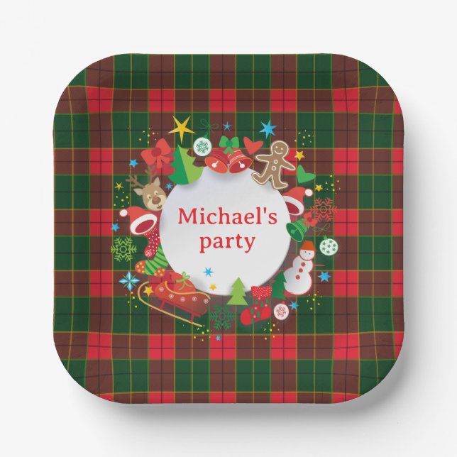 Monogram Winter Holiday Christmas Scottish Pattern Paper Plates (Front)