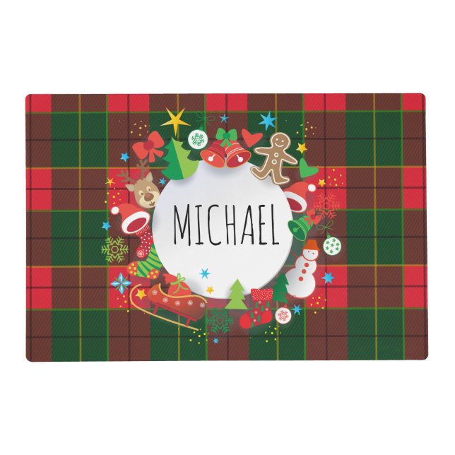 Monogram Winter Holiday Christmas Scottish Pattern Placemat (Front)