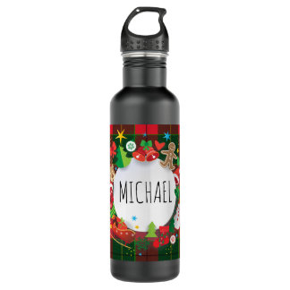 Monogram Winter Holiday Christmas Scottish Pattern Stainless Steel Water Bottle