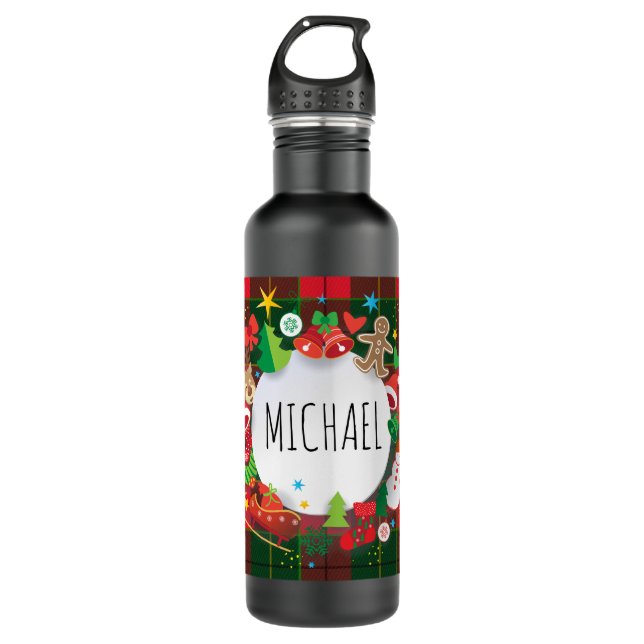Monogram Winter Holiday Christmas Scottish Pattern Stainless Steel Water Bottle (Front)