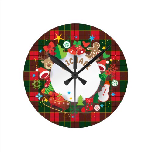Monogram Winter Holiday Christmas Symbols Pattern Round Clock