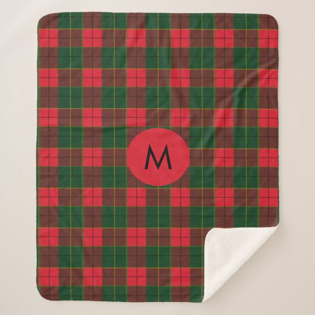 Monogram Winter Holiday Tartan pattern Scottish Sherpa Blanket (Front)