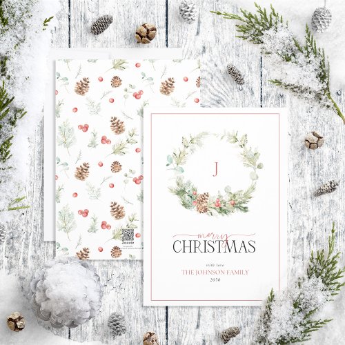 Monogram Winter Pine Berry Wreath Merry Christmas  Holiday Card