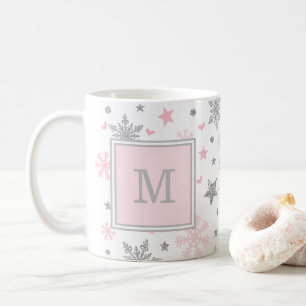 Monogram Winter Snowflakes / Pink Silver Holiday Coffee Mug