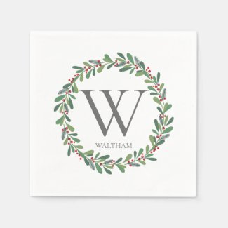 Monogram Winter Sprigs Christmas Cocktail Napkin
