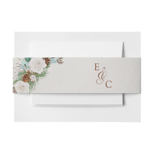 Monogram Winter White Rose and Pine Cone Wedding Invitation Belly Band