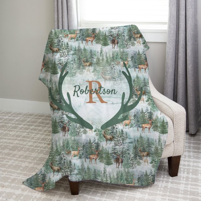 Monogram Winter Woodland Deer Fleece Blanket (Creator Uploaded)