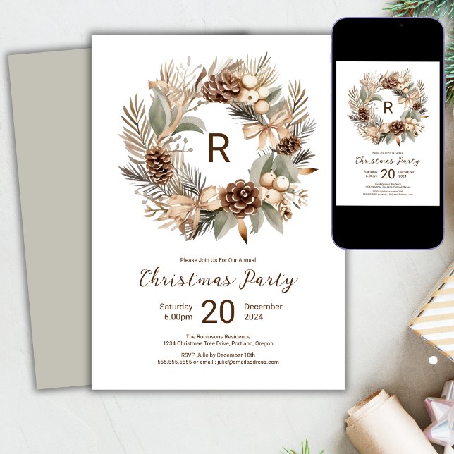  Monogram Winter Wreath Christmas Party  Invitation (Creator Uploaded)